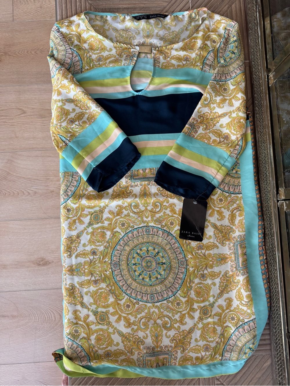 Zara Dress/ Coverup with Aqua, Navy & Gold Baroque Print NWT